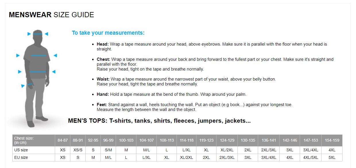 Cannondale Apparel Size Chart